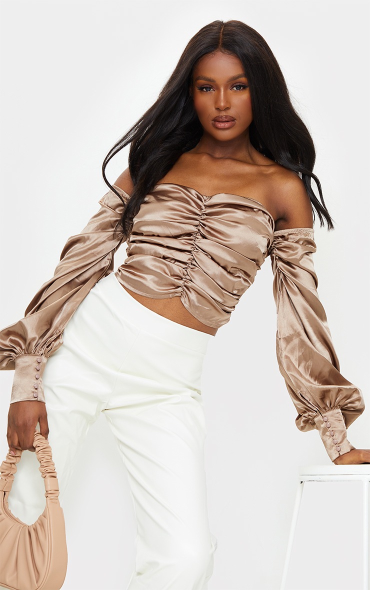 Tall Mocha Satin Ruched Long Sleeve Crop Top