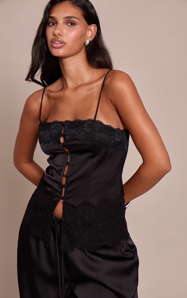 Black Satin Button Up Lace Detail Cami image 1