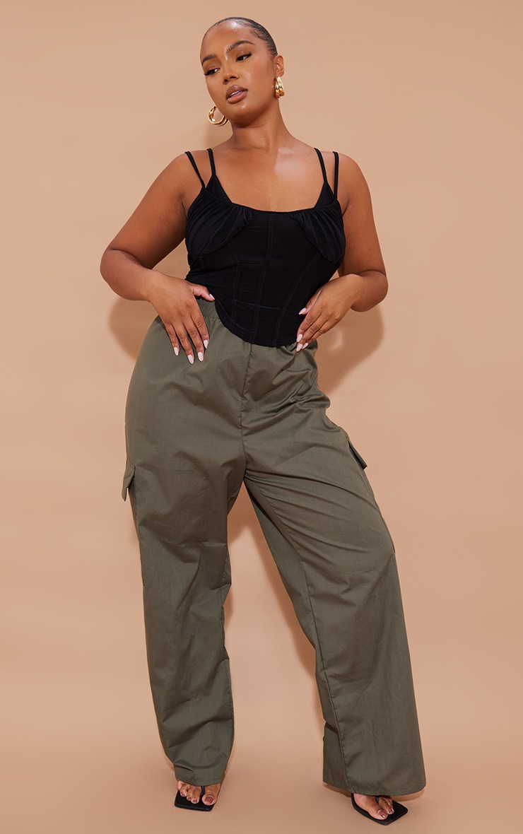 Plus Black Slinky Corset Ruched Bust Crop Top