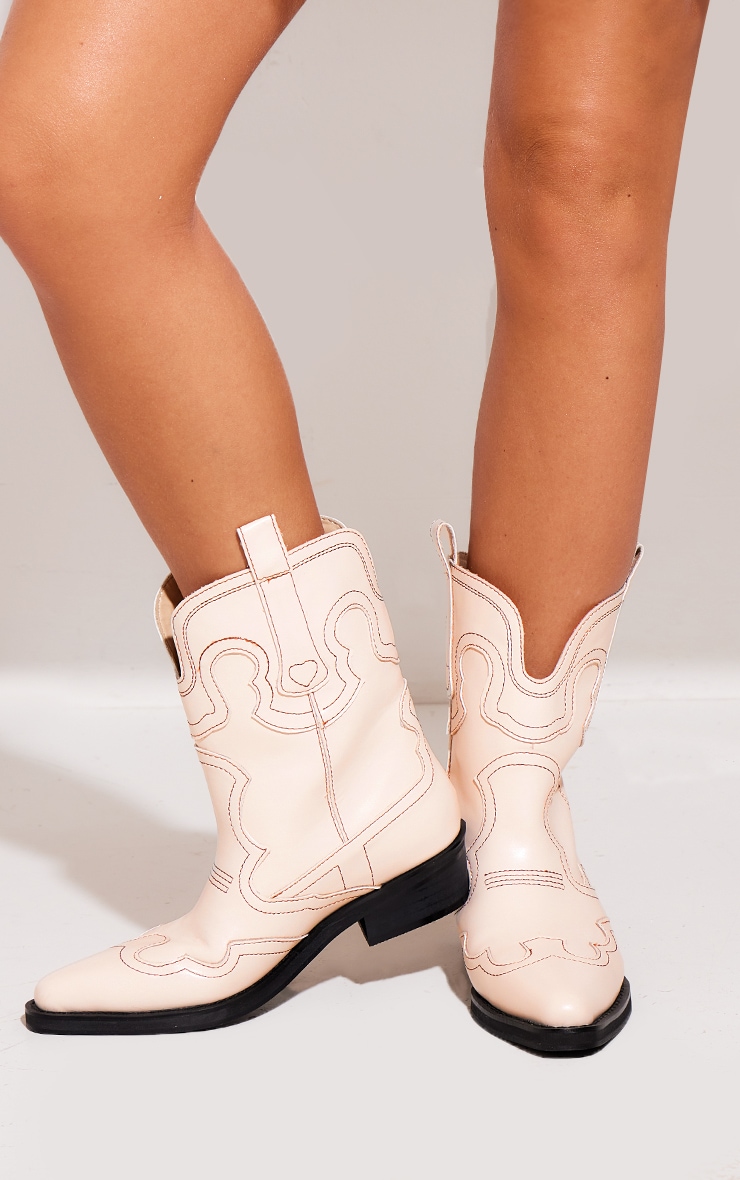 Cowboy Boots White Cream Ankle Boots Cream Pu Point Toe Ankle