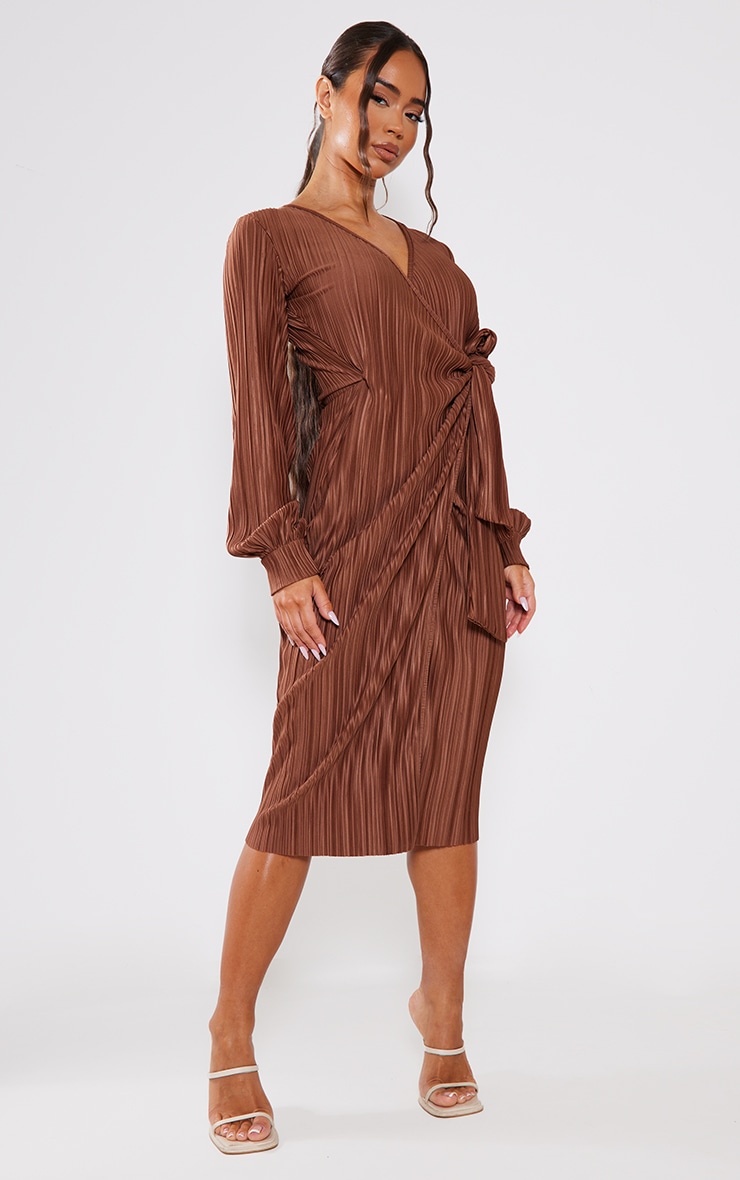 Chocolate Plisse Long Sleeve Wrap Midi Dress image 3