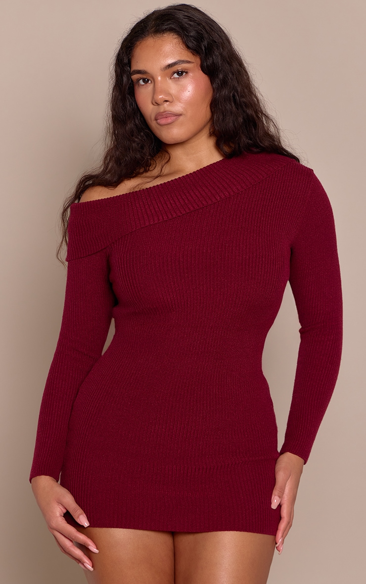 Shape Burgandy Off Shoulder Fold Over Knitted Bodycon Dress