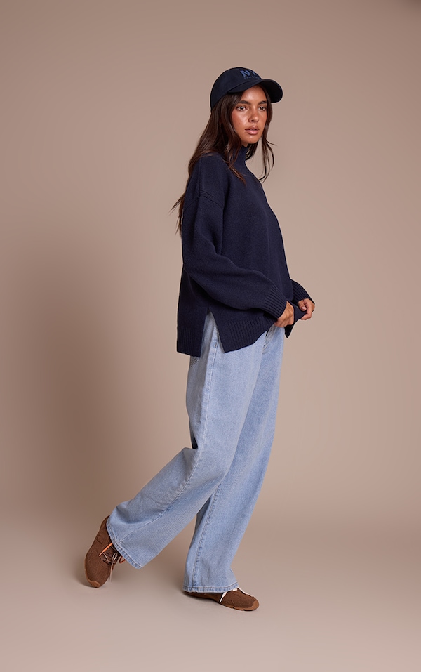 Navy Oversized Polo Neck Knitted Sweater
