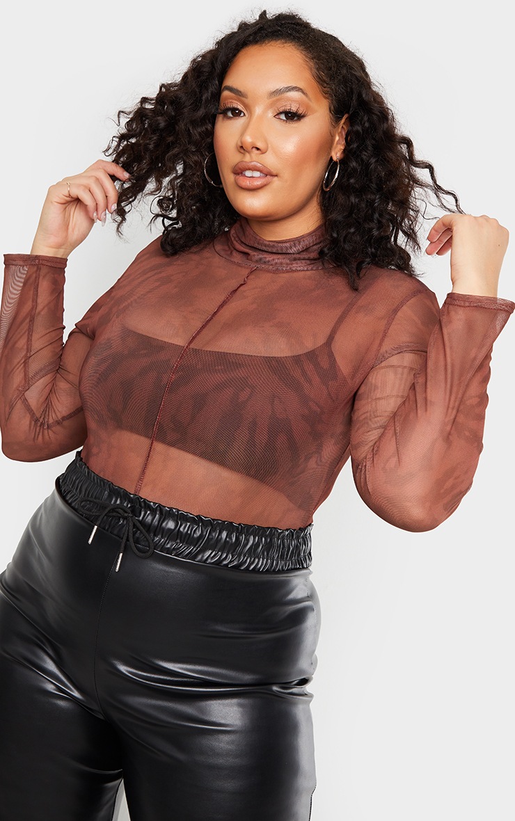 Plus Brown Tie Dye Print Mesh High Neck Long Sleeve Bodysuit