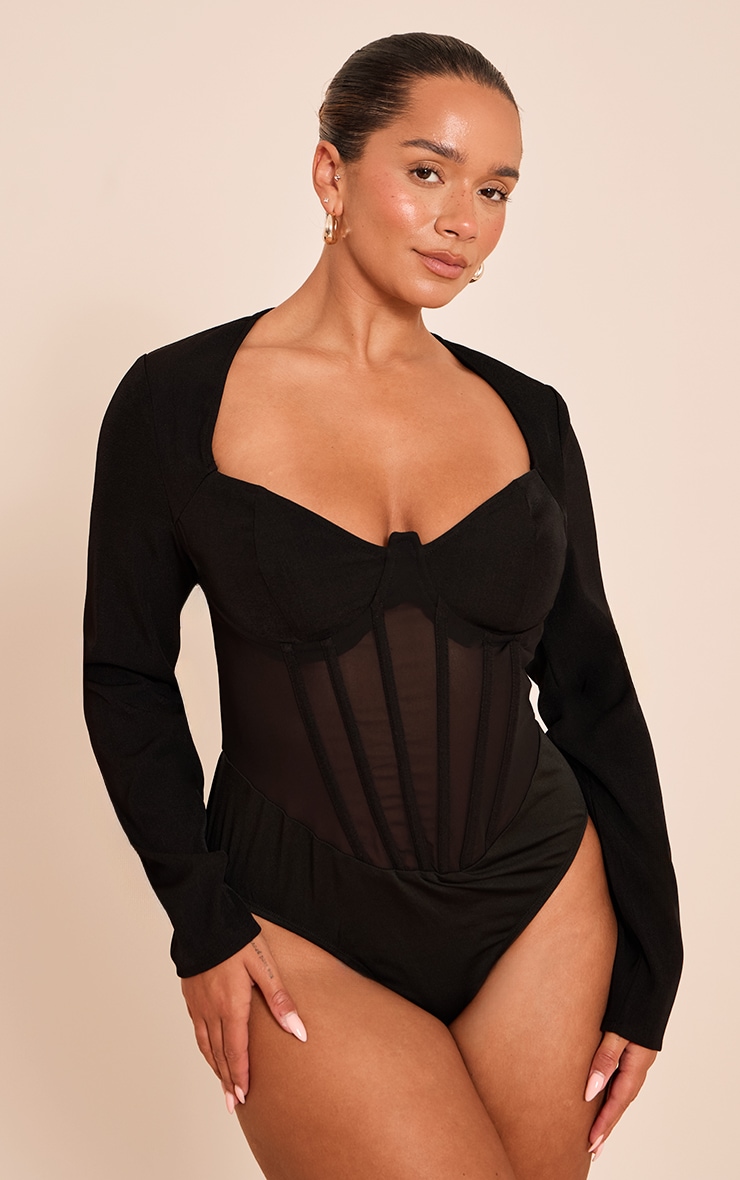 Shape Black Mesh Long Sleeve Corset Bodysuit image 2