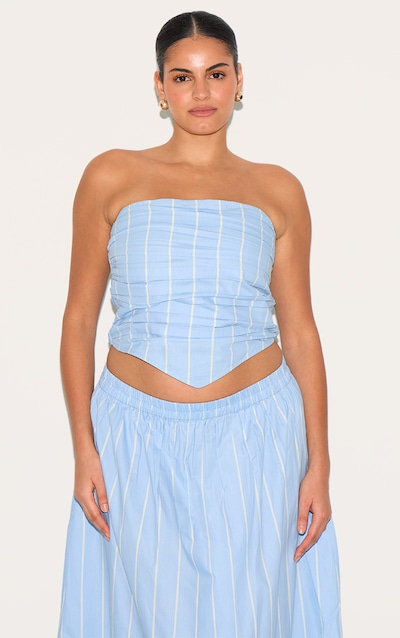Plus Top Bandeau Froncé en Popeline de Coton Bleu