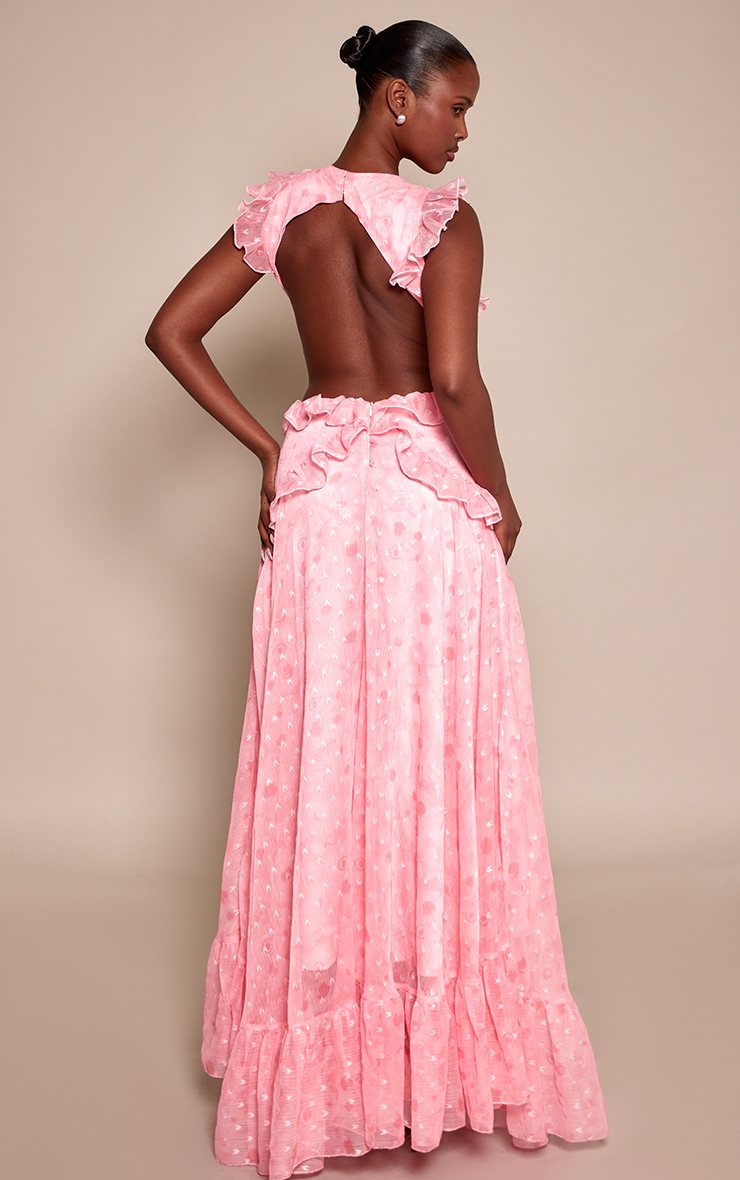 Pink Floral Plunge Frill Maxi Dress image 2