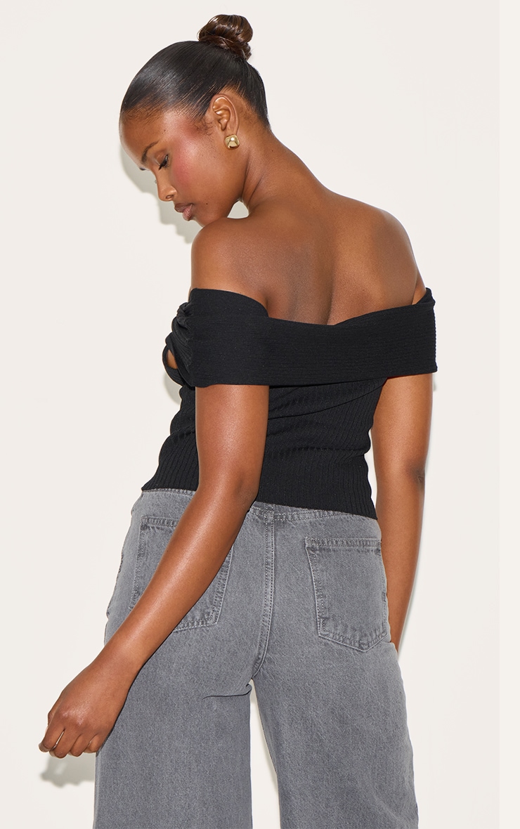 Black Rib Knit Twist Bardot Button Through Top image 2