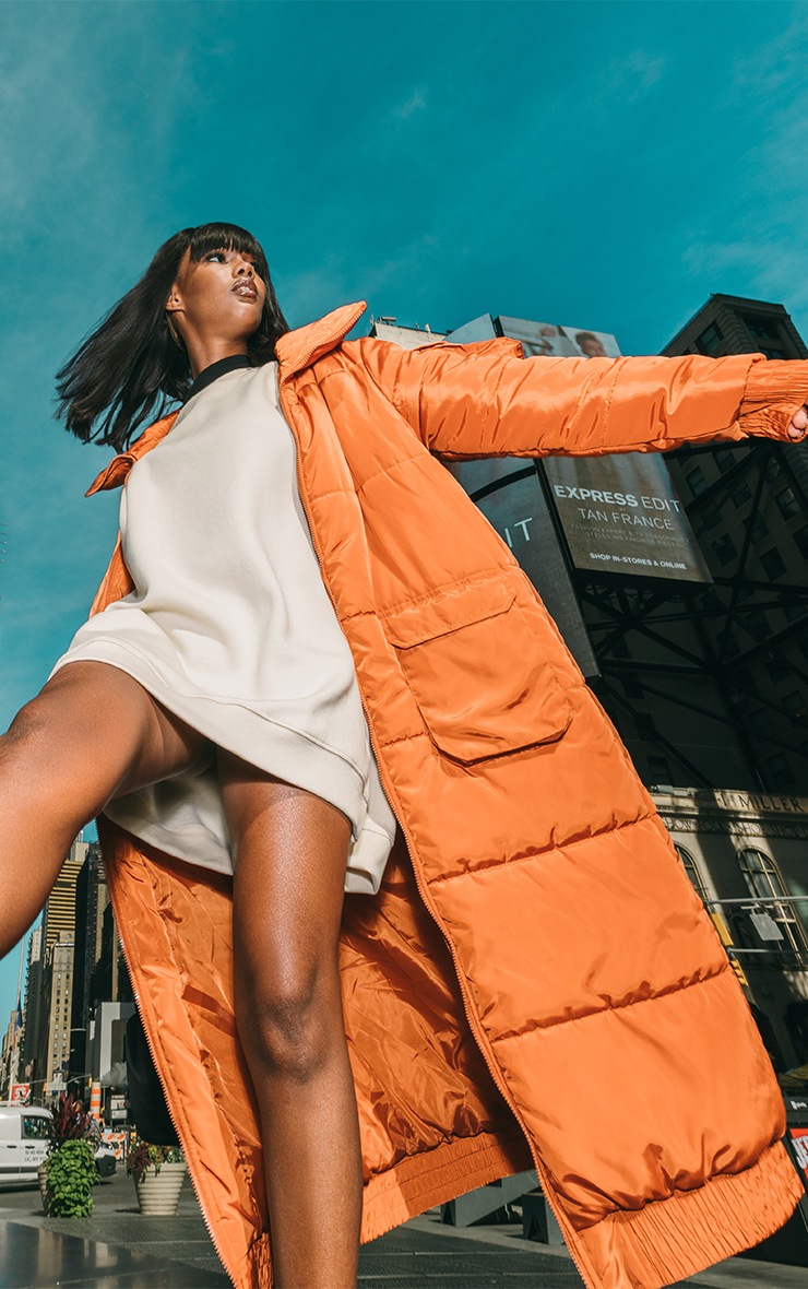 Rust Nylon Oversized Pocket Detail Panel Duvet Puffer Jacket