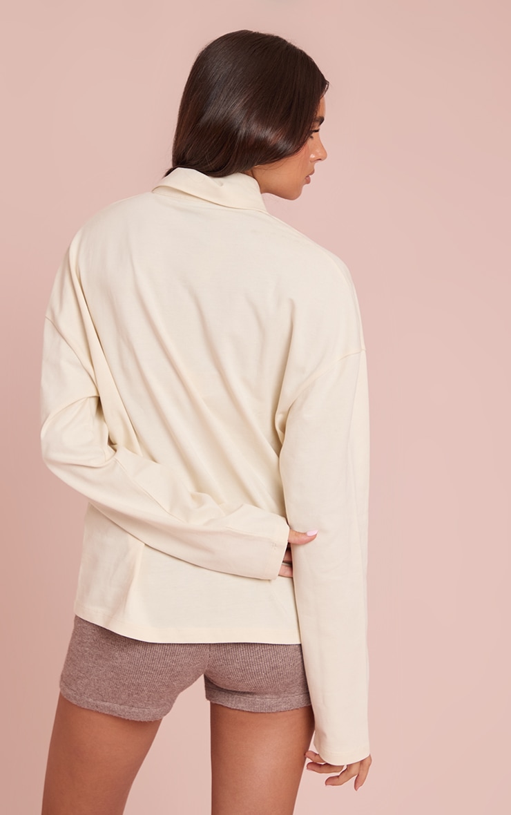 Cream Cotton Polo Collar Long Sleeve Top image 2