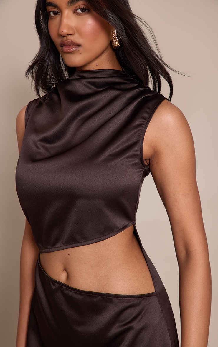 Chocolate Satin High Neck Cut Out Maxi Dress image 4