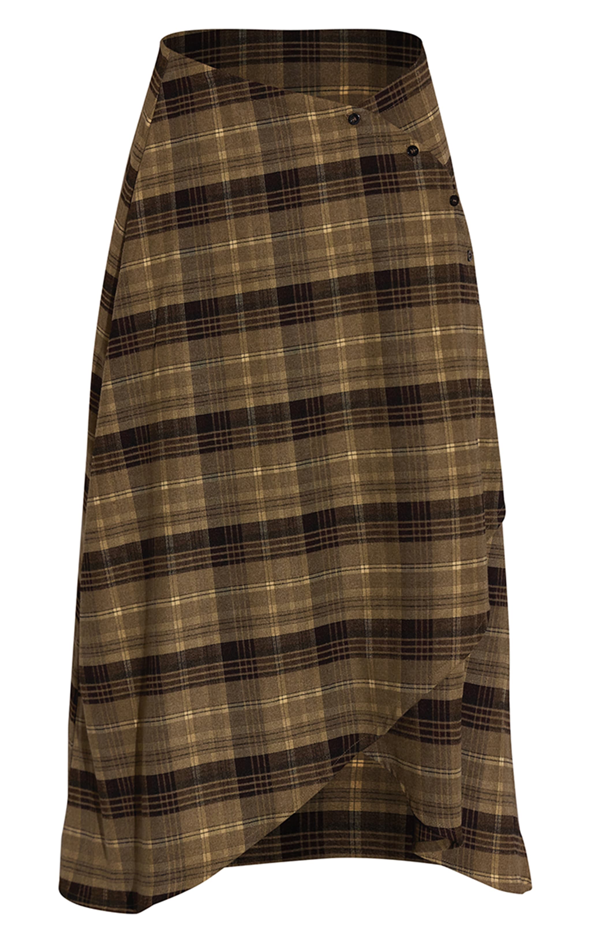 Green Check Brushed Woven Asymmetric Midi Skirt image 5