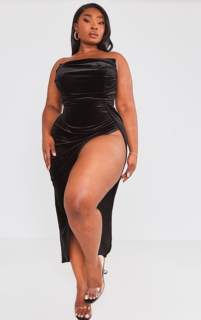 Plus Robe longue bustier en velours noir à armatures
