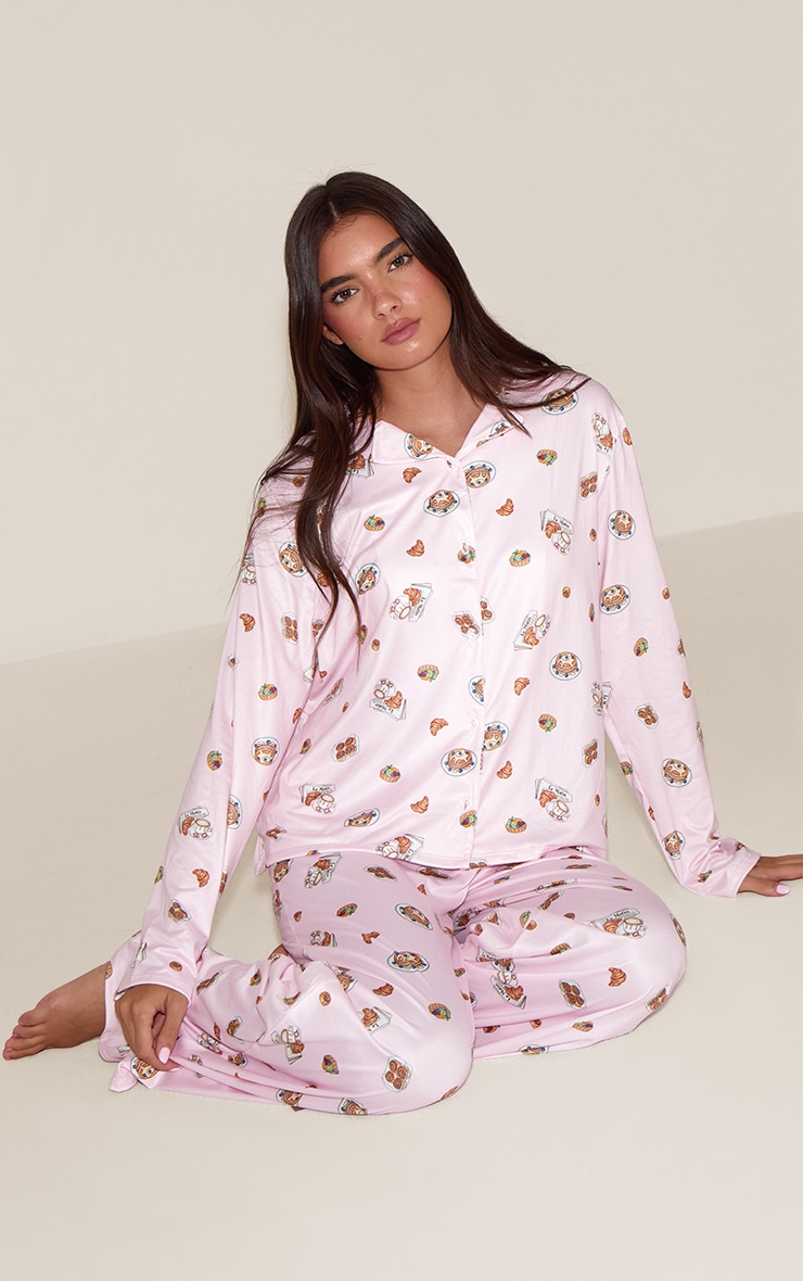 Pink Breakfast Print Long Sleeve Button Through PJ Set image 3