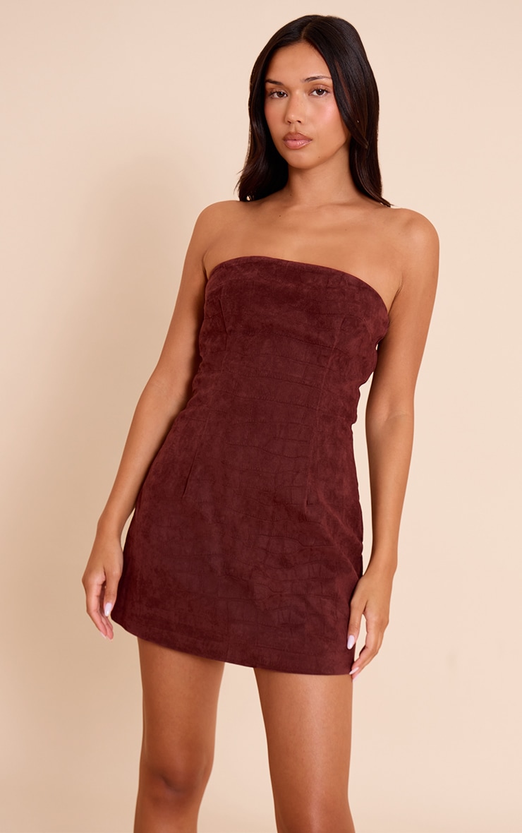Wine Faux Suede Bandeau Mini Bodycon Dress image 1