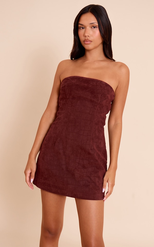 Wine Faux Suede Bandeau Mini Bodycon Dress