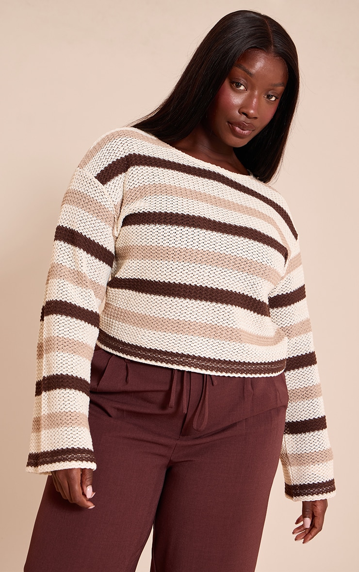 Plus Brown Striped Boatneck Long Sleeve Top image 1