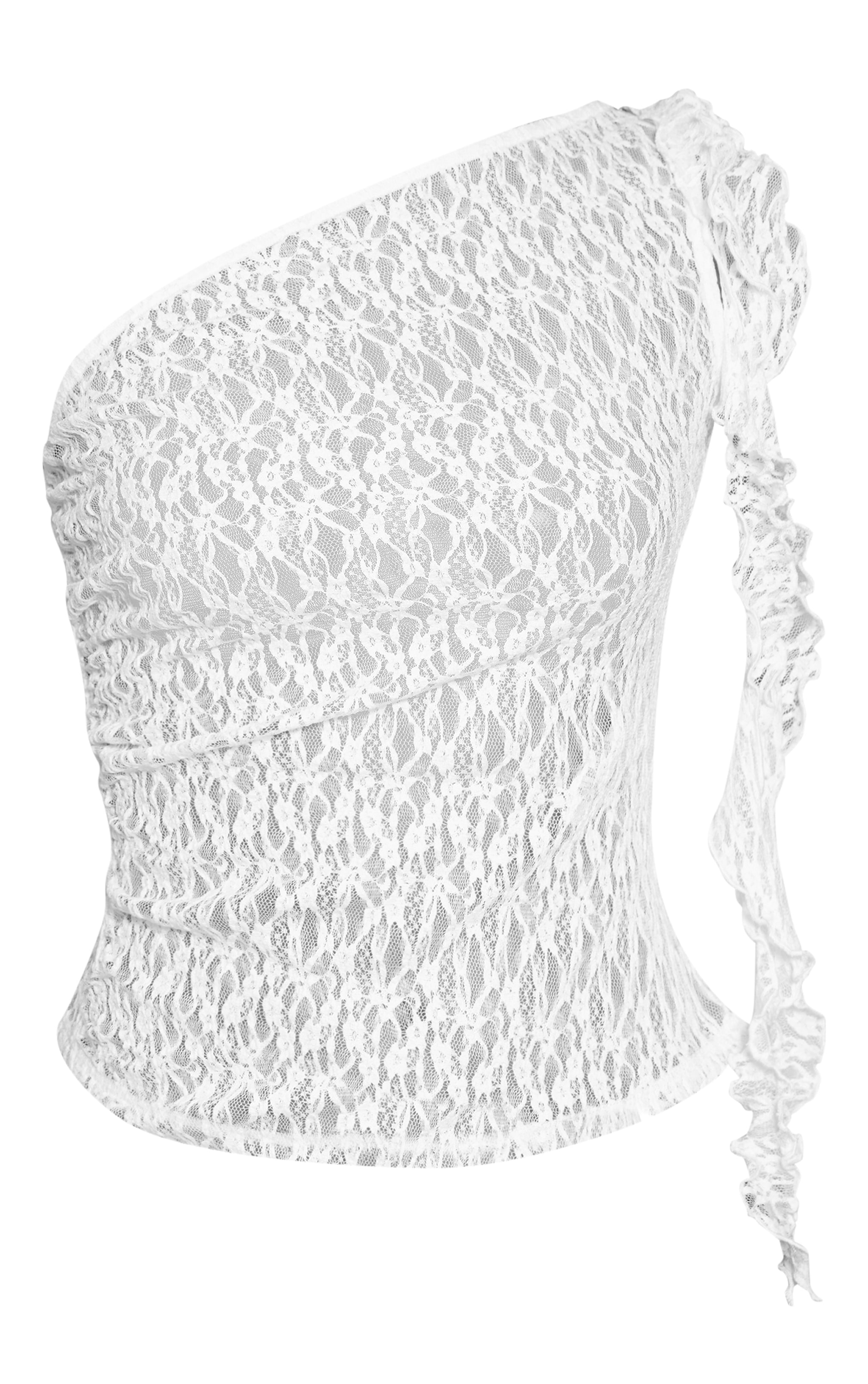 White Textured Lace Frill Drape Detail Asymmetric  Top image 5