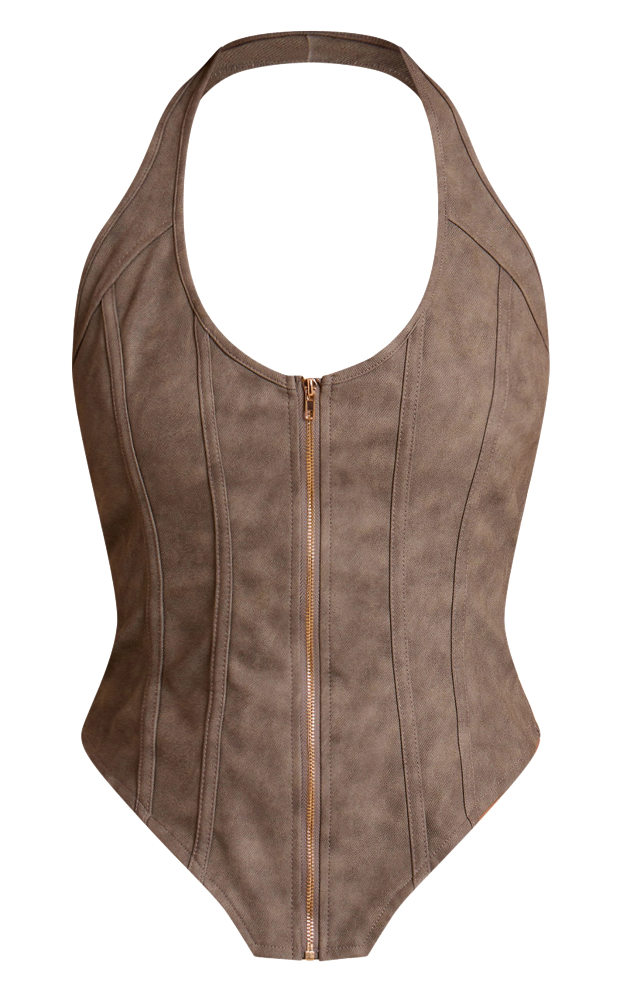 Olive Textured Faux Leather Boned Dip Hem Corset image 5