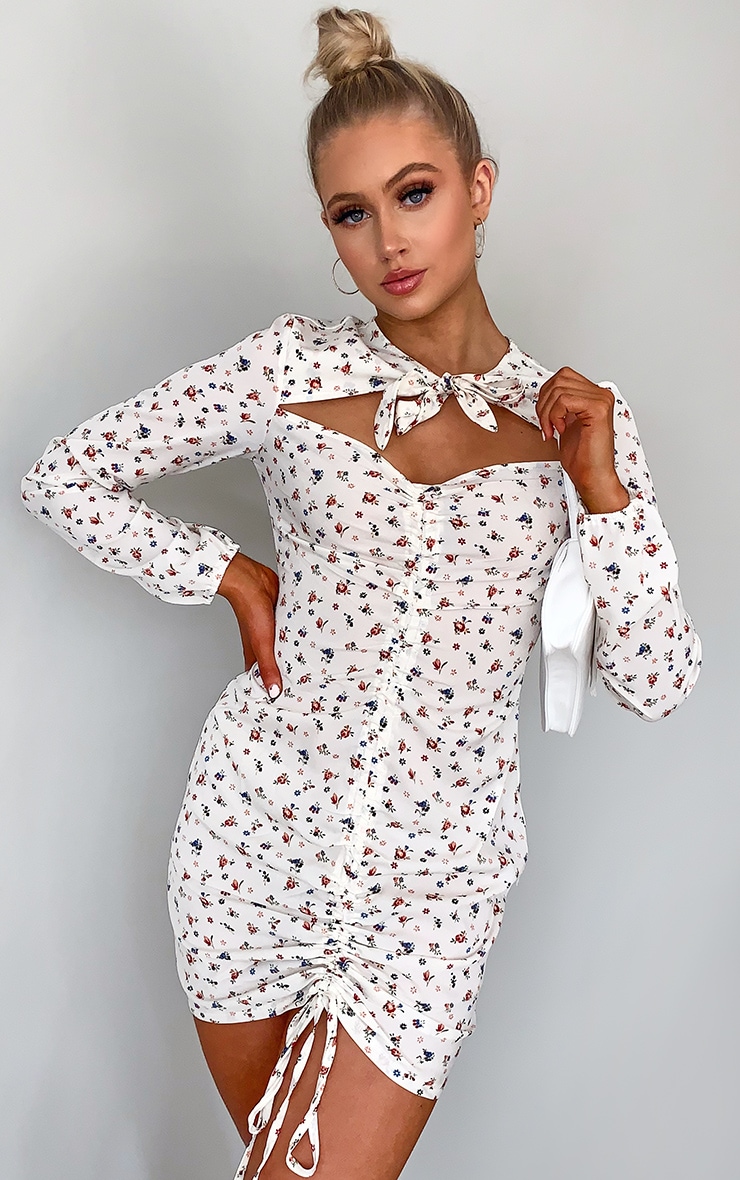White Ditsy Floral Tie Neck Ruched Bodycon Dress
