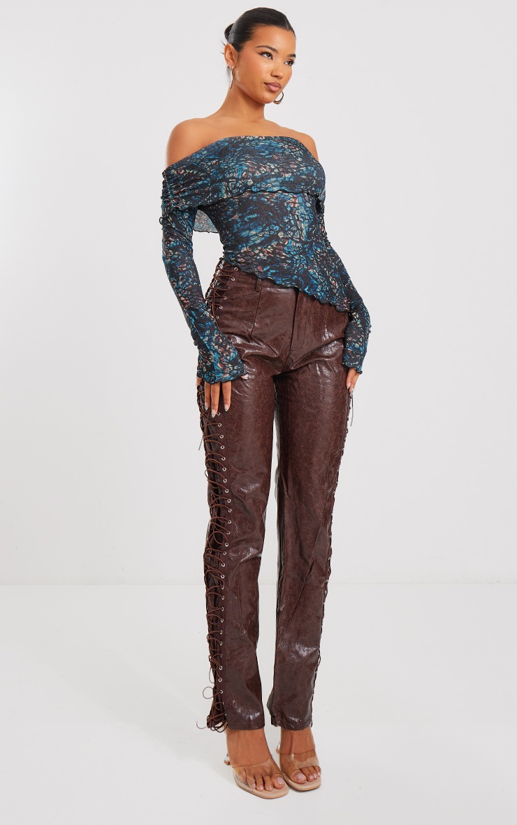 Blue Printed Burnout Mesh Lettuce Hem Bardot Top image 3