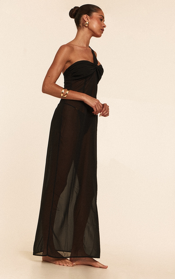 Black Ruched Chiffon Maxi Beach Dress image 3