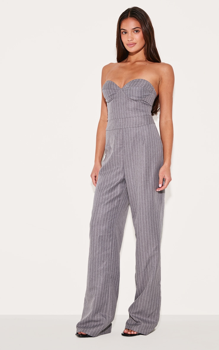 Grey Pinstripe Bandeau Corset Straight Leg Jumpsuit image 3