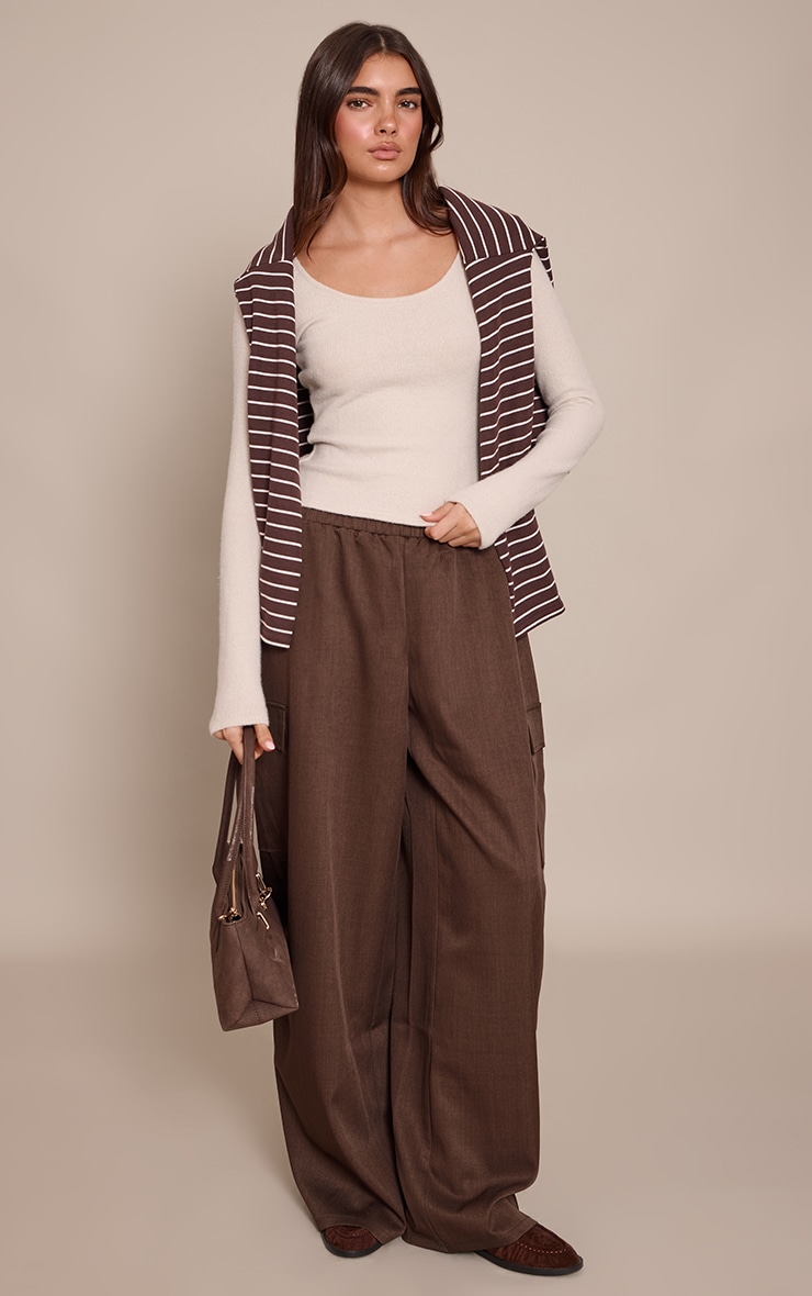 Cream Wool Knit Look Scoop Neck Long Sleeve Top image 3