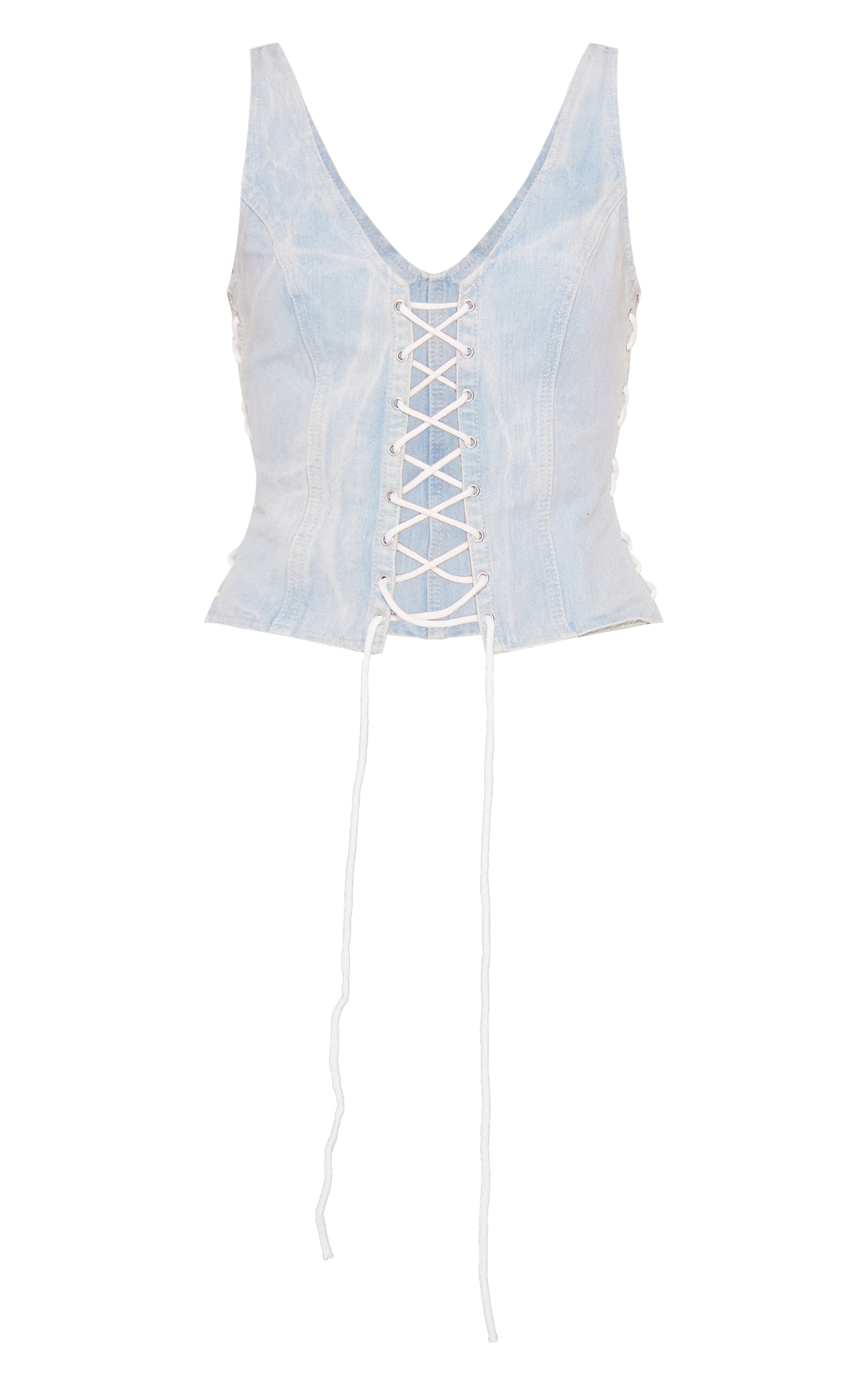 Light Blue Wash Lace Up Detail Denim Corset Top image 5