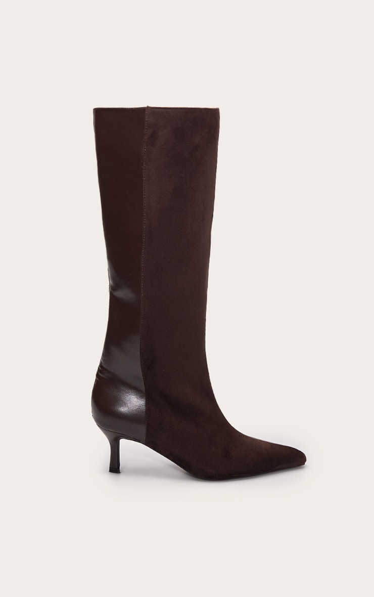 Chocolate PU Suede Contrast Heeled Knee High Boot image 2