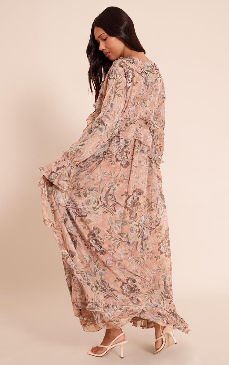 Blush Floral Printed Plunge Extreme Frill Maxi Dress image 2