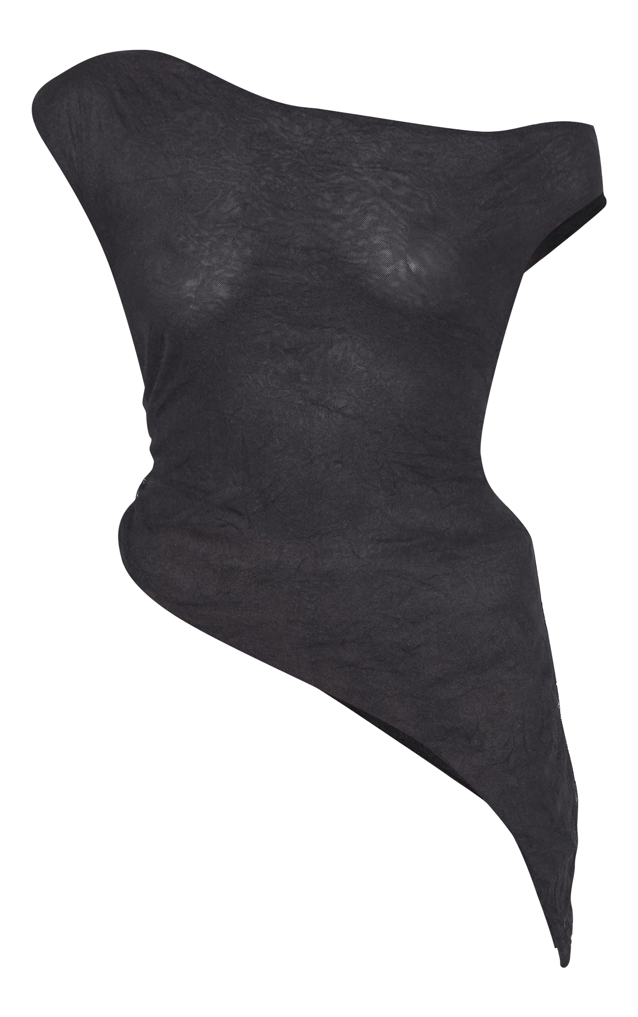 Black Crinkle Mesh Asymmetric Neck Top image 5