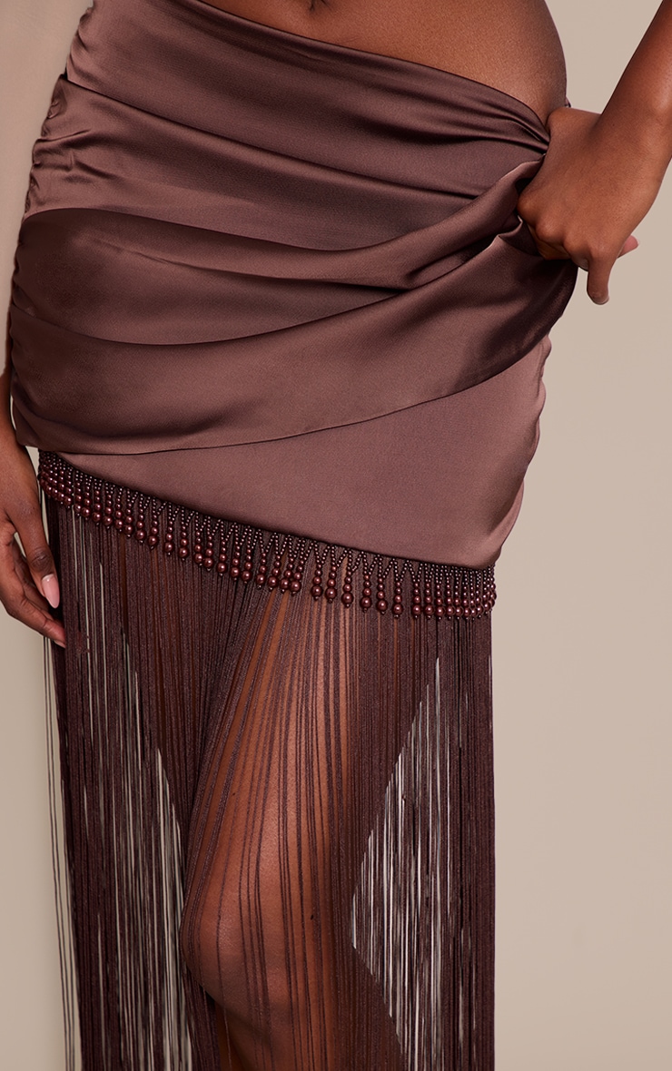 Chocolate Brown Satin Beaded Tassel Hem Mini Skirt image 5