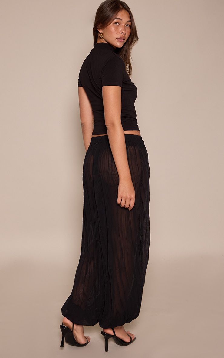Black Textured Sheer Balloon Hem Pants image 3