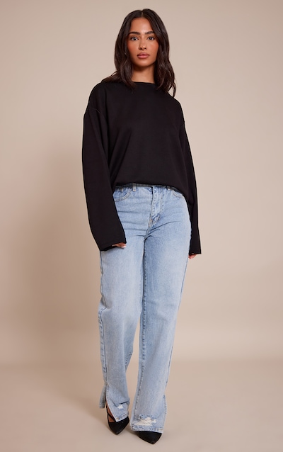 Petite Light Blue Wash Ripped Split Hem Straight Leg Jeans