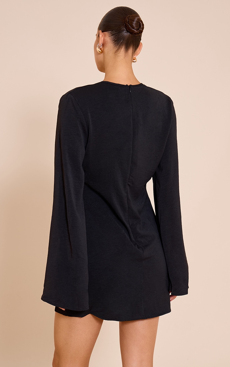 Black Floaty Woven Plunge Ring Detail A Line Mini Dress image 2