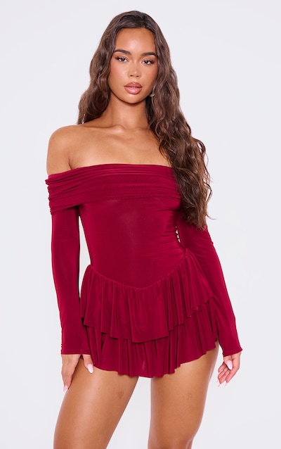 Burgundy Slinky Long Sleeve Bardot Rara Skort Playsuit