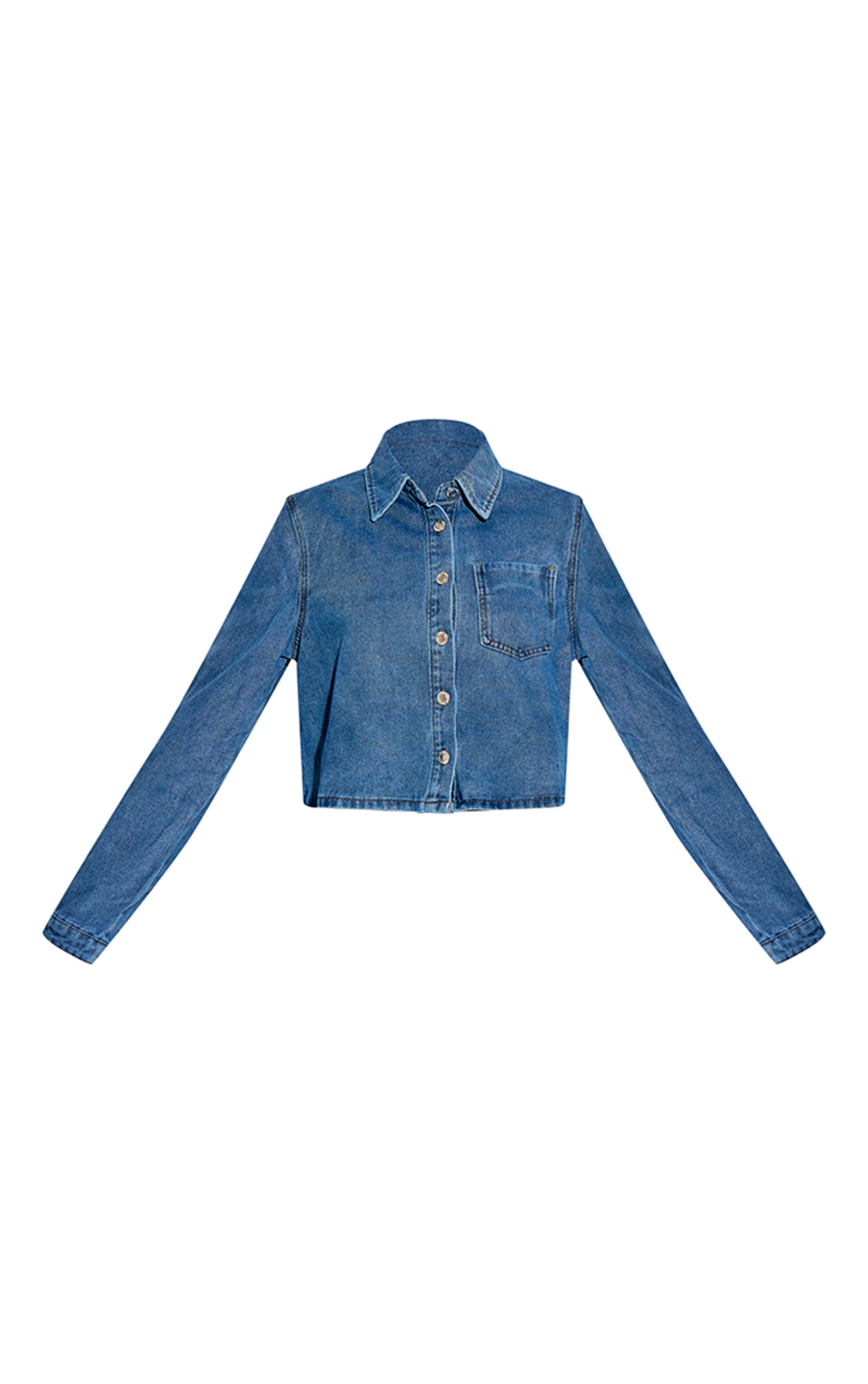  Mid Blue Wash Relaxed Long Sleeve Cropped Denim Shirt image 5