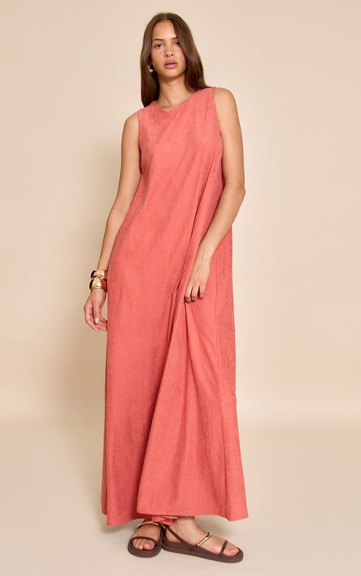 Rust Textured Boat Neck Sleeveless Column Maxi Dress image 3