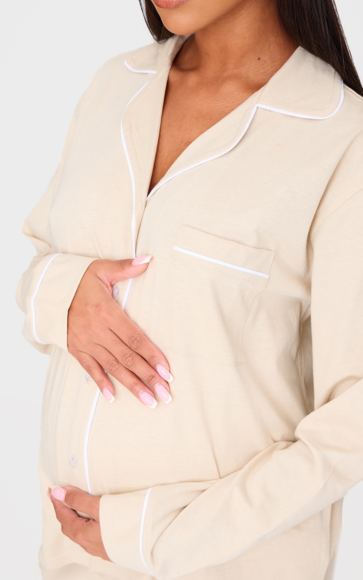 Maternity Sand Jersey Piping Detail Long Pj Set image 4