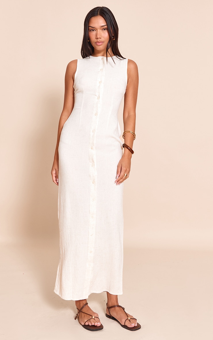 Natural Textured Button Down Sleeveless Maxi Dress image 3