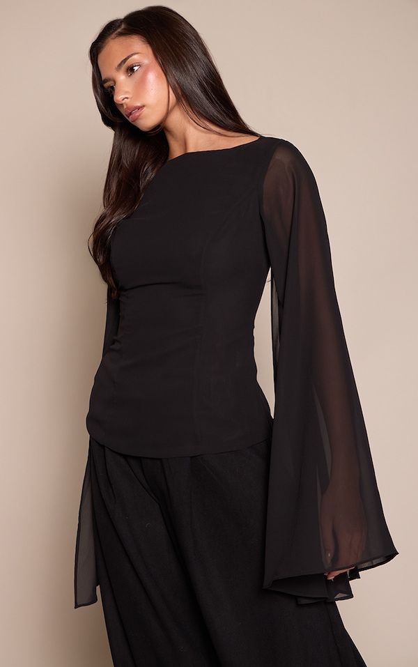 Black Chiffon Flare Sleeve Cape Detail Top  