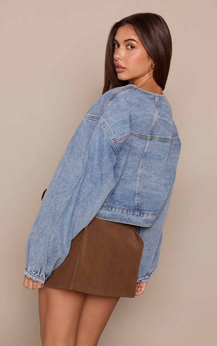  Mid Blue Wash Round Neck Crop Denim Jacket image 2