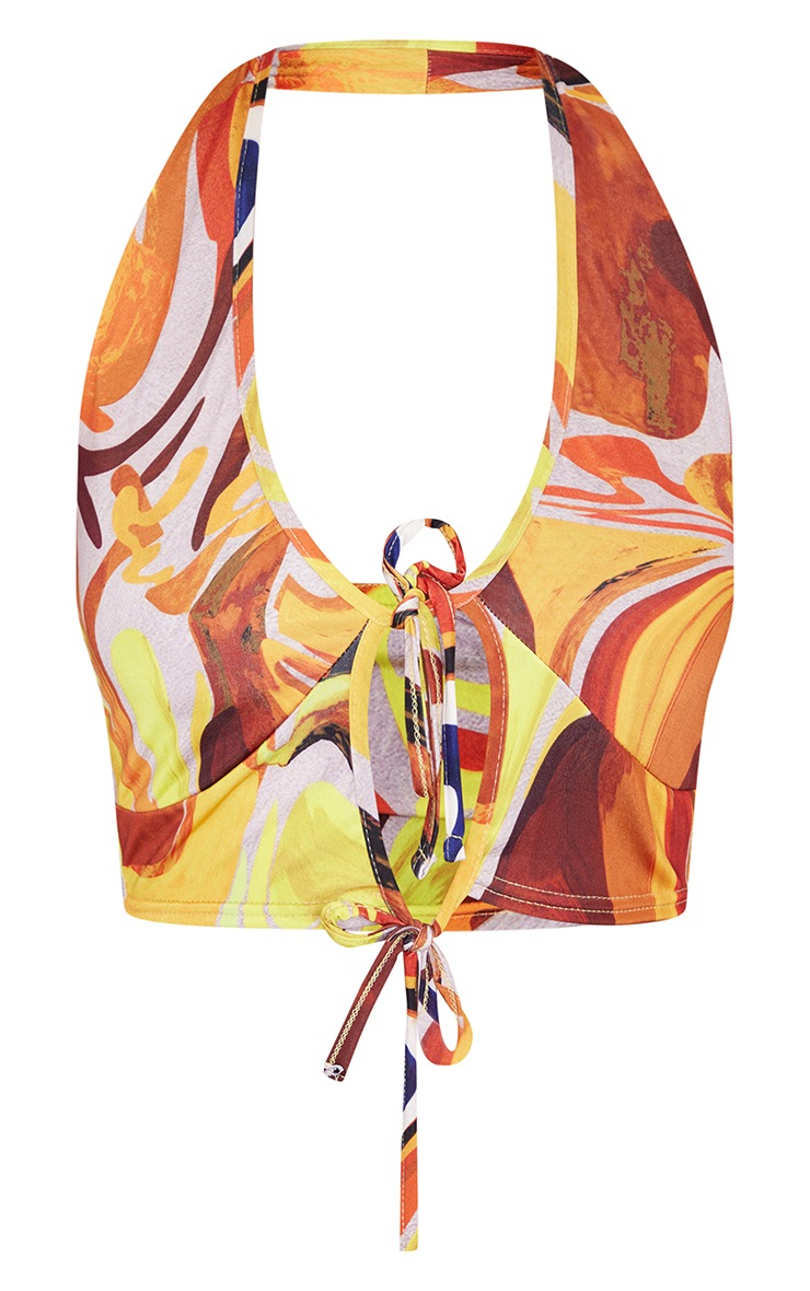 Orange Marble Print Slinky Double Tie Front Halterneck Crop Top image 5