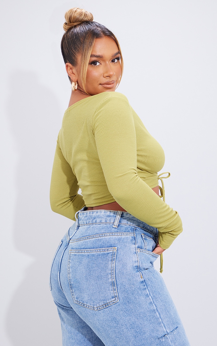 Shape Olive Ribbed Long Sleeve Ruched Front Crop Top image 2