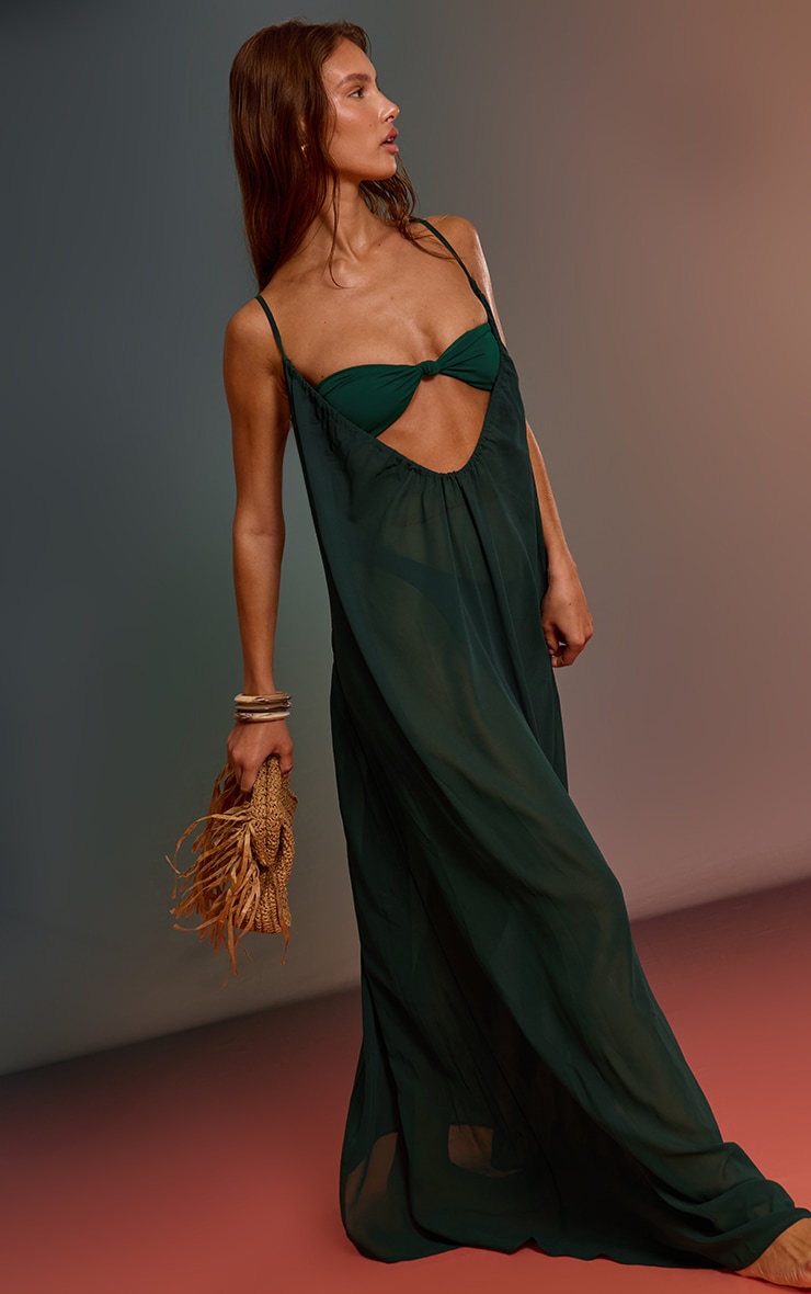 Emerald Green Ruched Plunge Chiffon Maxi Beach Dress image 1