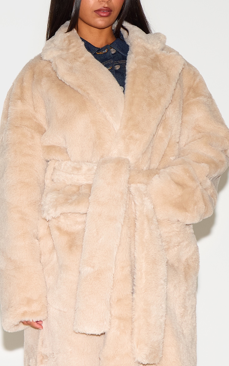 Taupe Faux Fur Self Tie Oversized Coat image 4