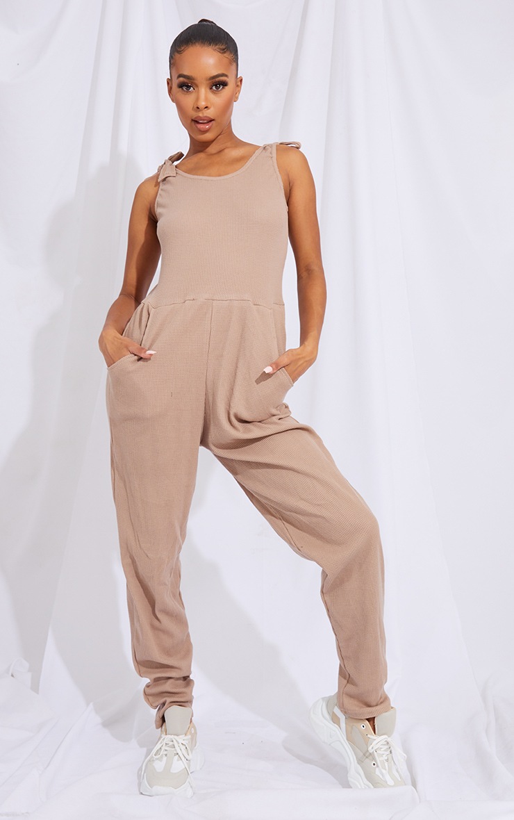 Stone Cotton Waffle Tie Strap Jumpsuit