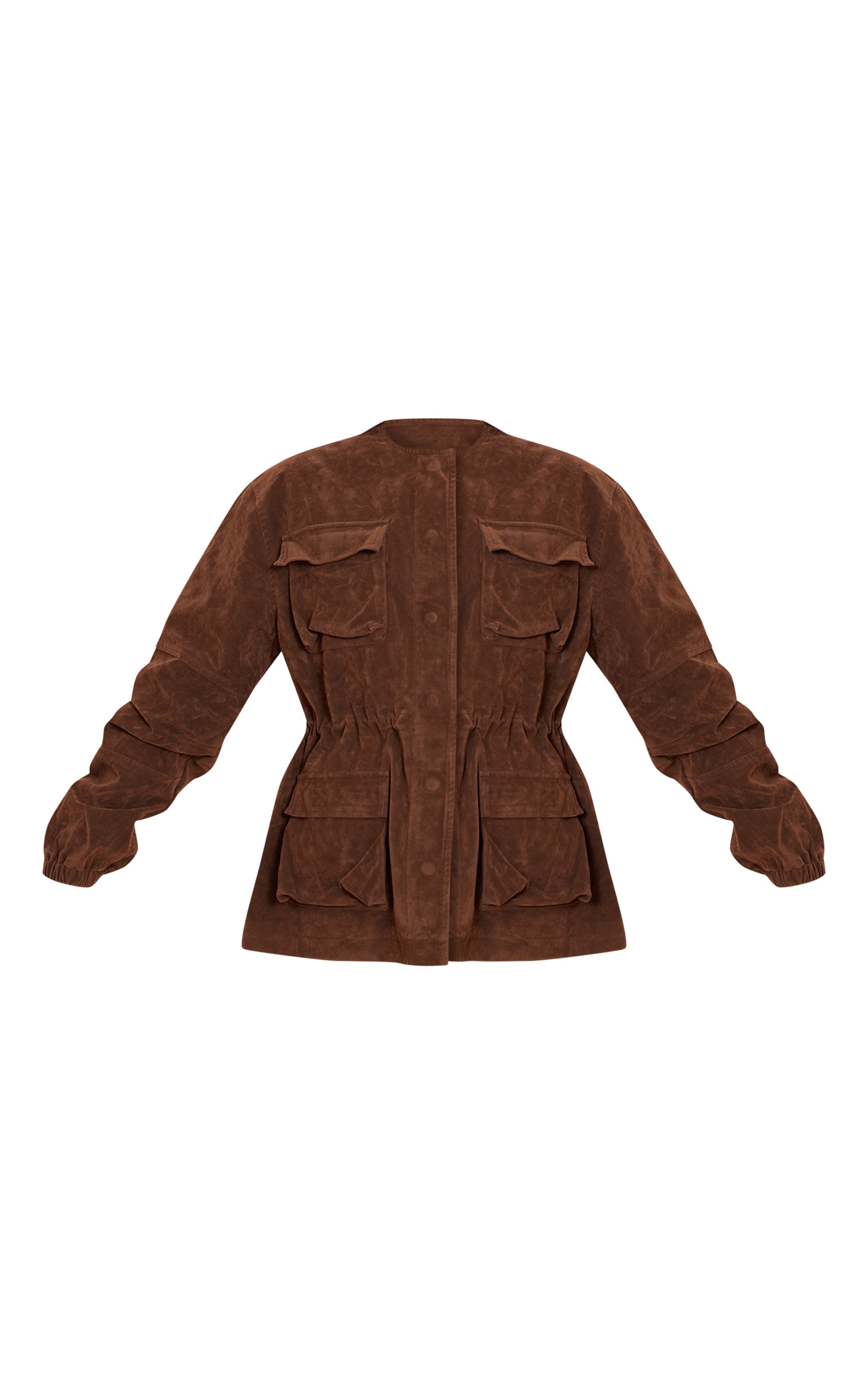 Chocolate Structured Faux Suede Pocket Detail Adjustable Waist Jacket image 5