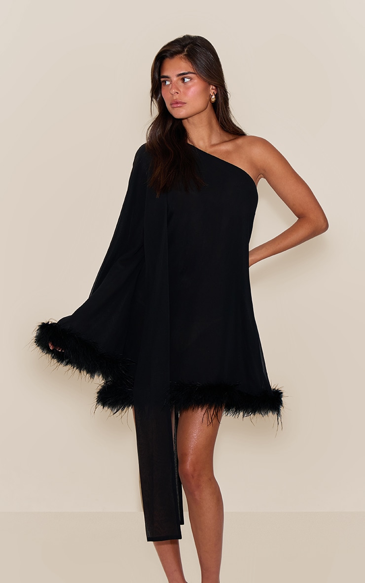 Black Chiffon One Shoulder Feather Detail Shift Dress image 1